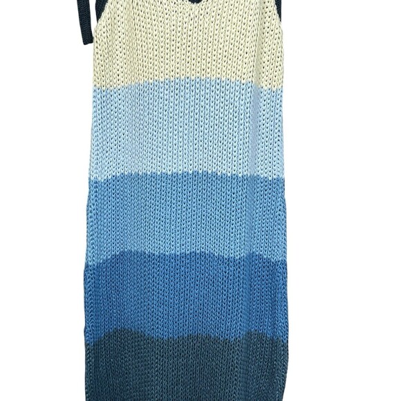 ZARA Crochet Knit Midi Dress S Blue Striped Tie Shoulder Boho Beach Resort NWT - Picture 4 of 15
